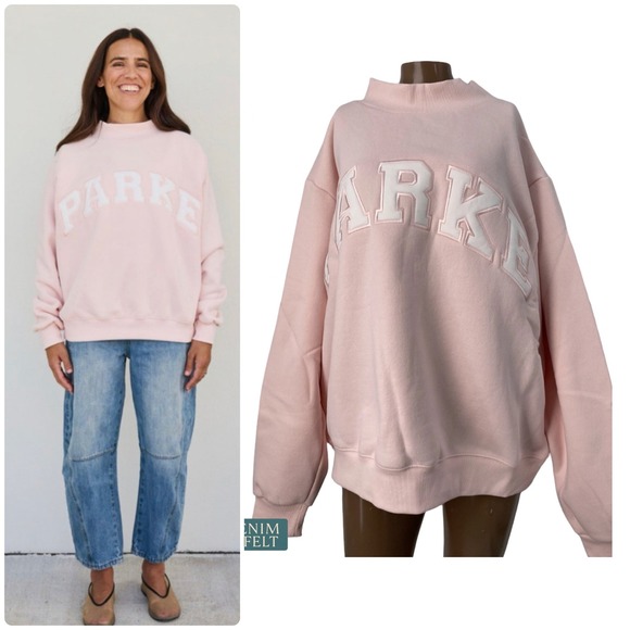 Parke Tops - NEW Parke Varsity Mockneck Rose White Fleece Sweatshirt L/XL Oversized Pullover